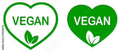 Vegan. Plant based vegetarian food product label. Green heart-shaped stamp. Logo or icon. Diet. Sticker