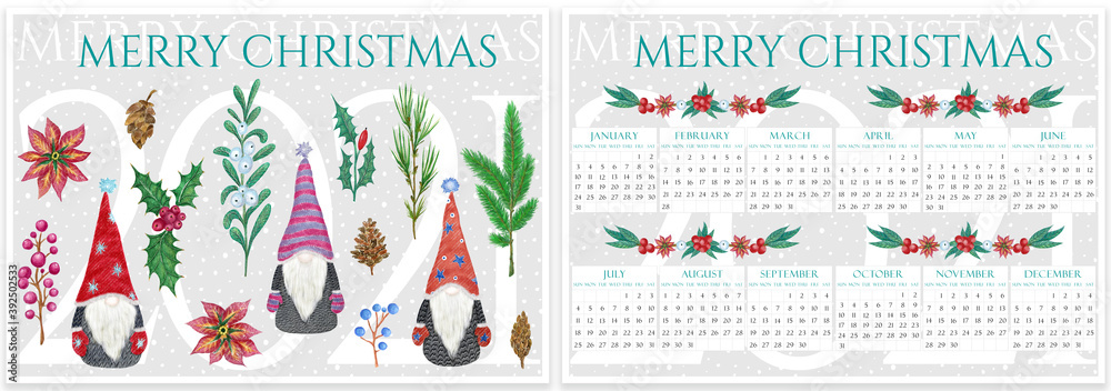 Christmas postcard calendar with gnomes and winter plants for gifts