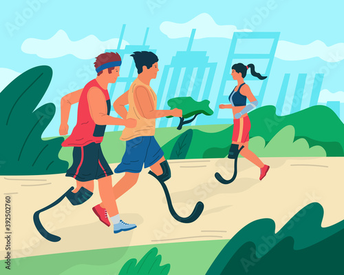 Handicapped people. Cartoon disabled persons training. Men and women with limb injuries doing sport exercises and running in city park. Disabilities and active lifestyle, vector colorful illustration