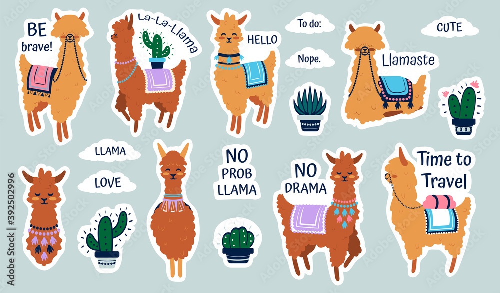 Fototapeta premium Lama stickers. Cute cartoon alpaca emblems for kids notebooks, funny hand drawn llama with cactus patches, adorable animals with plants decorative collection and short phrases vector isolated set