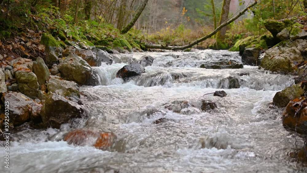 Low angle view of small stream flows over rocky cascades. Fresh and clean water in nature. Static shot, real time, 4K Low angle view of small stream flows over rocky cascades. Fresh and clean water in nature. Static shot, real time, 4K