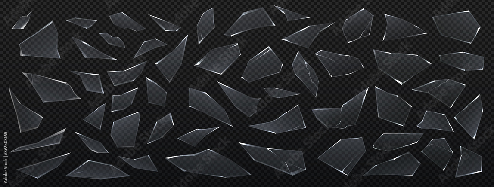 Glass pieces. Realistic sharp shards, 3D isolated parts of broken window on transparent background. Ice glossy fragments with cracks or damaged in car accident windshield. Vector shiny crystal set