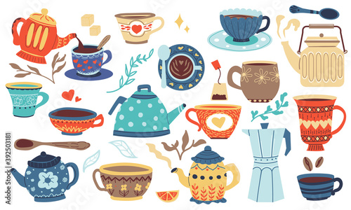 Doodle cookery. Cartoon porcelain bowl, mug and cup for hot beverage. Isolated ceramic jug, kettle and metal coffee pot. Kitchen colorful cozy dishes. Cute tableware collection. Vector pottery set