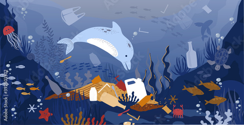 Sea garbage. Marine animals floating in dirty water with waste and plastic rubbish. Global environmental problems, pollution of ecosystems, destruction of habitats. Vector ocean ecology illustration