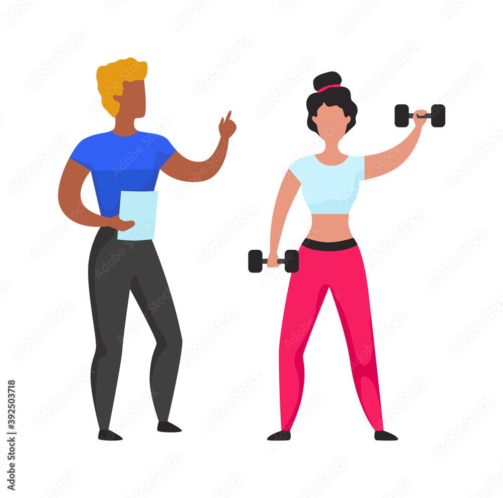 Workout cardio and weightlifting with personal gym coach. Cartoon woman training with dumbbells. Fitness or aerobics exercises. Active lifestyle for health care and wellness. Vector sport illustration Workout cardio and weightlifting with personal gym coach. Cartoon woman training with dumbbells. Fitness or aerobics exercises. Active lifestyle for health care and wellness. Vector sport illustration