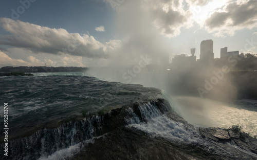 View of Niagara river falls down to niagara falls from top