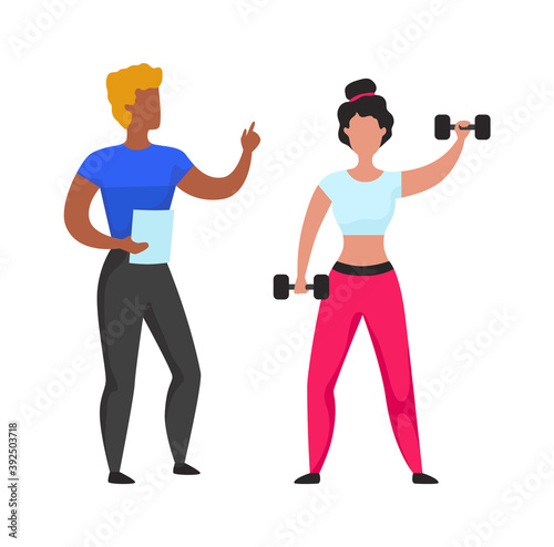 Workout cardio and weightlifting with personal gym coach. Cartoon woman training with dumbbells. Fitness or aerobics exercises. Active lifestyle for health care and wellness. Vector sport illustration