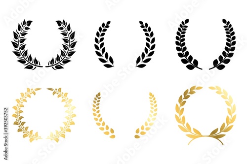 Laurel winner labels. Golden and black luxury badge. Greek or Roman traditional triumph branches. Champion medal mockup with copy space. Award ceremony nomination template. Vector wreaths icon set