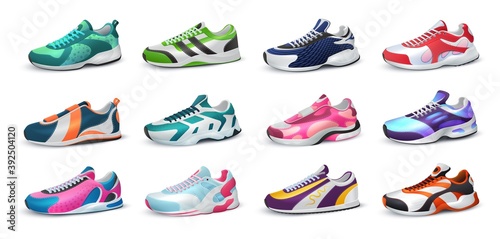 Various realistic sneakers. Colorful footwear. Isolated collection of modern sport shoes for fitness training, jogging and everyday wearing. Shop advertising, logo template. Vector casual clothes set