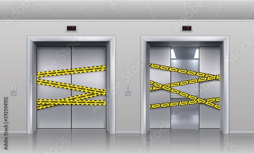 Broken elevators closed for repair or maintenance. Realistic half opened metallic cabin doors of passenger and cargo lift. Doorway barred with black and yellow warning tape. Vector indoor illustration
