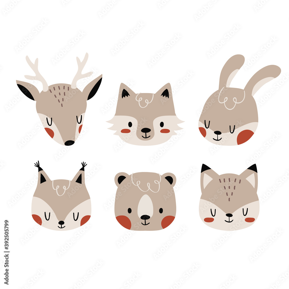 Cute woodland animals set: bear, deer, wolf, bunny, fox and squirrel. Cartoon animals for nursery room decor, posters and prints. Vector animals set Cute woodland animals set: bear, deer, wolf, bunny, fox and squirrel. Cartoon animals for nursery room decor, posters and prints. Vector animals set