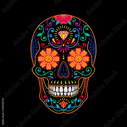 Decorative mexican sugar skull. Stylized colorful painted skull. Day of the Dead holiday. Colorful pattern skull.