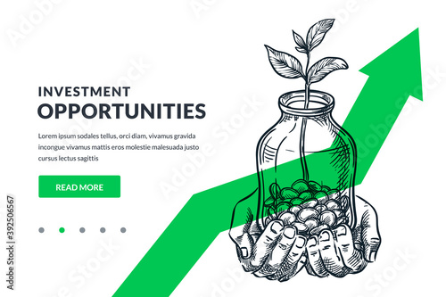 Investment finance growth business concept. Human hands hold glass jar with coins and tree. Vector sketch illustration