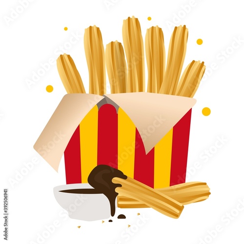 Churros dessert with chocolate cream  sauce and crumbs vector illustration. Churros isolated, printable.