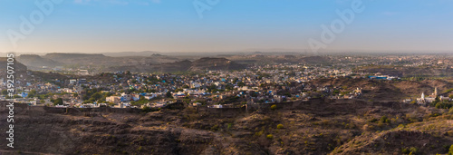 A panorama view out across the northern side of the blue city of Jodhpur, Rajasthan, India