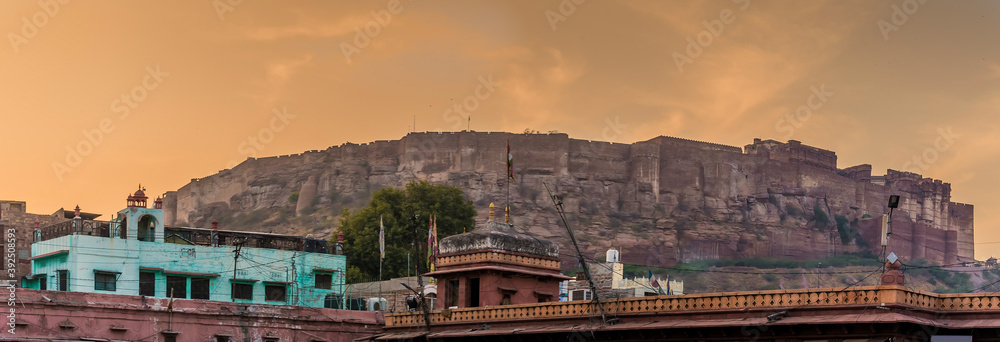 A view at sunset from Jodhpur, Rajasthan, India looking towards the fortress above the city