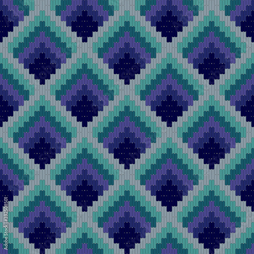 Fototapeta Bargello seamless pattern in blue colors, traditional italian embroidery, floren