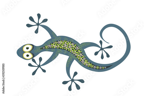 Vector illustration of lizard isolated on white. Cute cartoon animal with flowers decoration. Doodle style painting. Male lizard