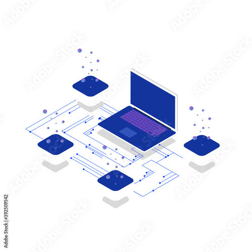 blockchain concept, computer in isometric view with blocks, storage and data transmission
