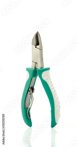 Pedicure nail clipper, with silicone handle, isolated on white background