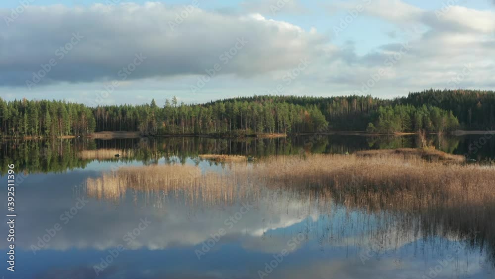 Swedish remote wilderness. Drone shot over lake and forest. Calm sunny day with clouds and sky mirror like on reflecting water surface. Low flying aerial nature view in sweden Swedish remote wilderness. Drone shot over lake and forest. Calm sunny day with clouds and sky mirror like on reflecting water surface. Low flying aerial nature view in sweden