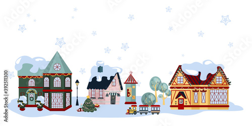 Collection of small city houses. Frozen urban architecture with snow caps on roofs and chimney, jolly decoration and detailed elements create merry holiday mood.