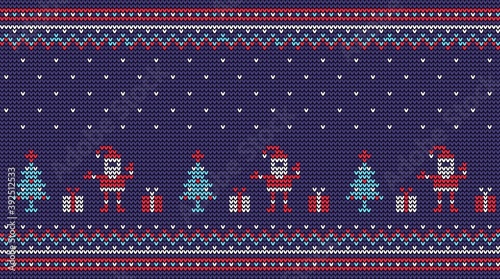 Christmas knitted pattern with santa gifts and christmas tree. Vector illustration,