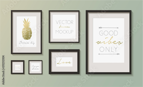 Set of art picture frames. Modern vector frames mockup. Picture frames template isolated on background. Golden pineapple and optimistic messages poster. Vector collection easy editable for You design.
