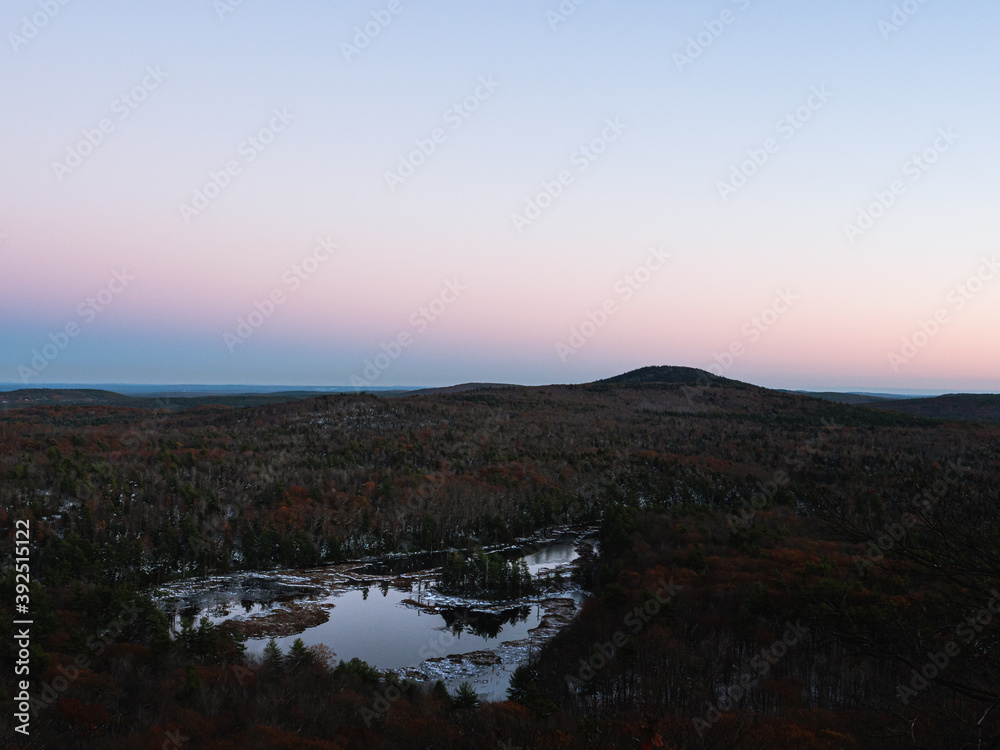 Twilight on Binney Pond as seen from Pratt Mountain on the Wapack Trail in New Ipswich New Hampshire