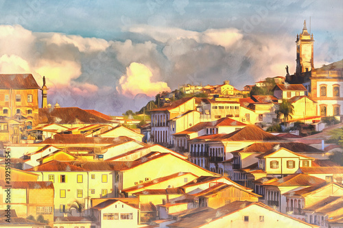 Cityscape of old town colorful painting, Ouro Preto, Minas Gerais state, Brazil.