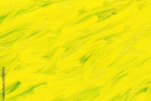 Yellow and green acrylic paints on canvas, abstract texture. Сhaotic stains of oil paint, background. Rough brush strokes design, art drawing, pattern. Colorful illustration.