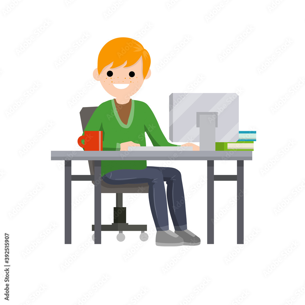 Man sitting at table with computer and monitor. Cup of coffee and books. Programmer at work at home. Hobbies and entertainment on Internet. Cartoon flat illustration. Freelance typing message Man sitting at table with computer and monitor. Cup of coffee and books. Programmer at work at home. Hobbies and entertainment on Internet. Cartoon flat illustration. Freelance typing message