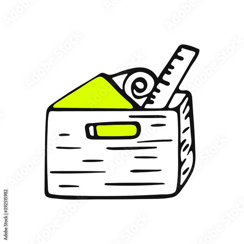 Hand drawn wooden box with repair tools. Isolated on white background drawing. Vector illustration