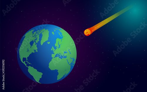 Asteroid towards earth vector illustration - A comet about to crash into our planet, view from space.
