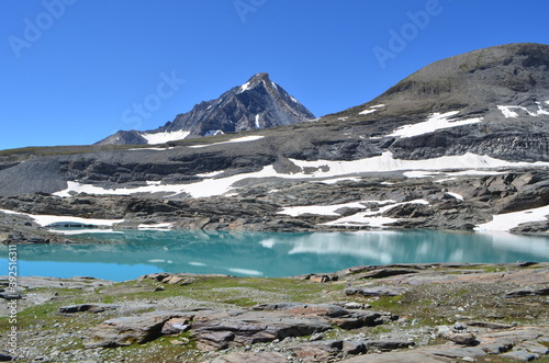 View of the Dent Parrachée mountain with the lac de l'Apont in the Vanoise National Park, France