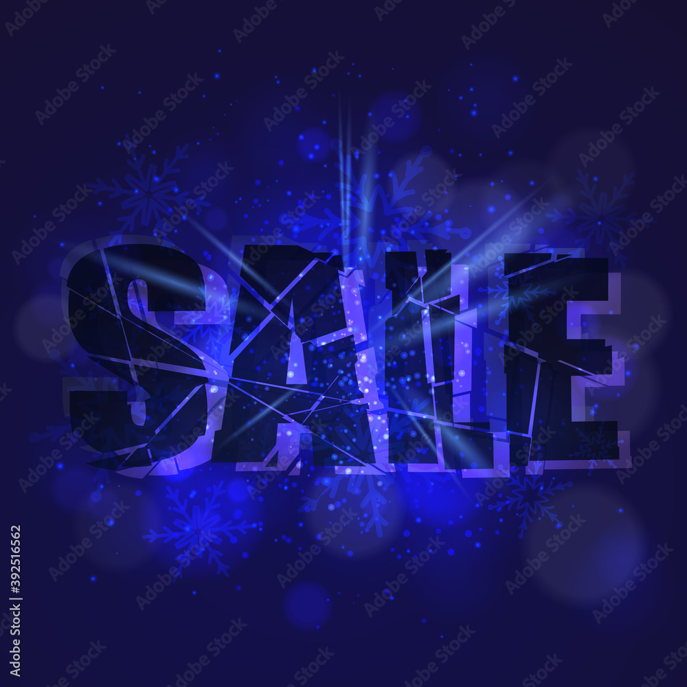 Banner for sale. Black lettering on burst background with blue dust vector firework explosion with snowflakes and bokeh. Concept for holidays sale poster, design, decor. Vector illustration.