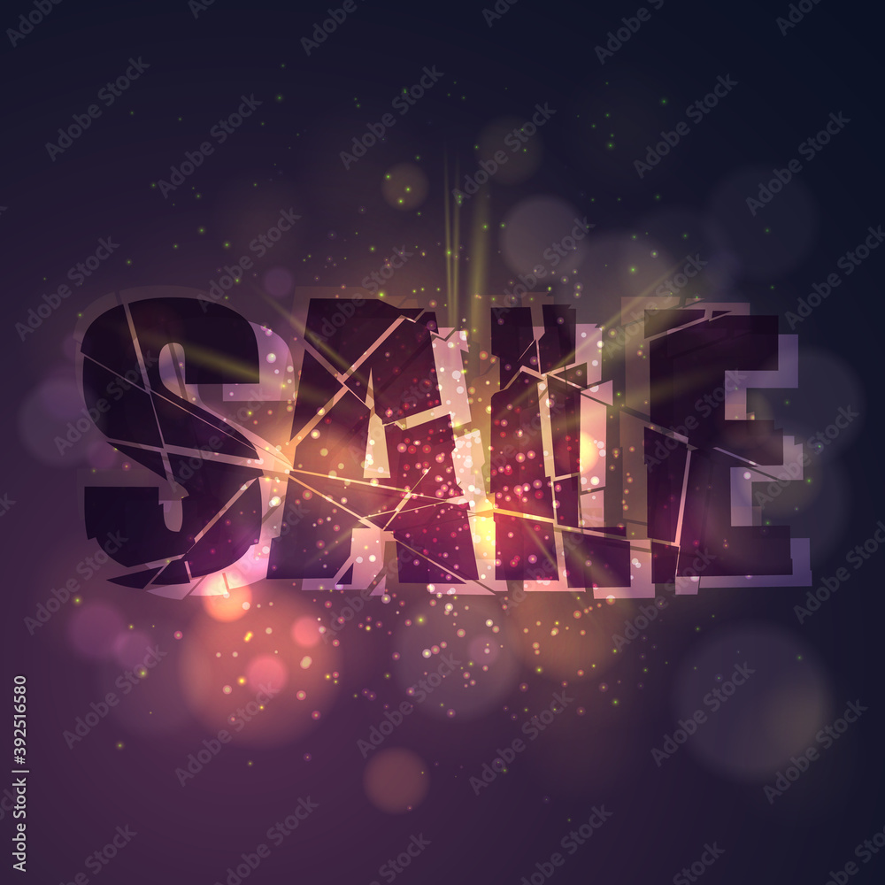 Banner for sale. Black lettering on burst background with golden dust vector firework explosion with snowflakes and bokeh. Concept for holidays sale poster, design, decor. Vector illustration.