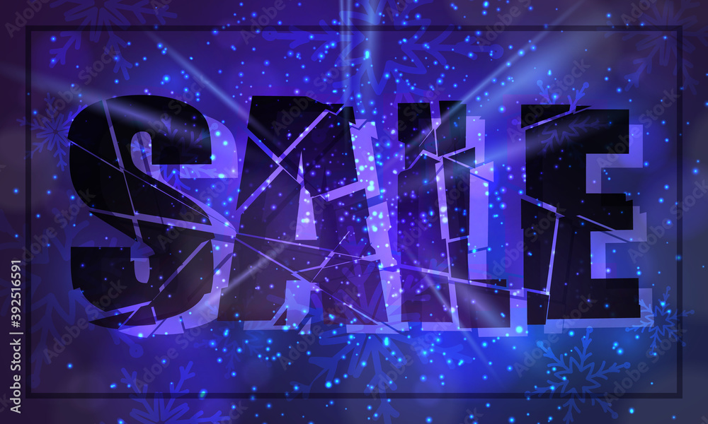Banner for winter sale. Ice black lettering on background with blue dust vector firework explosion with snowflakes and bokeh. Concept for Christmas sale poster, design, decor. Vector illustration.