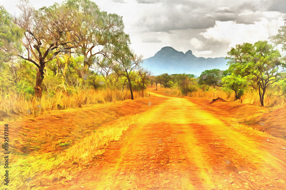 Fototapeta premium Rural road colorful painting, Karamoja Uganda.