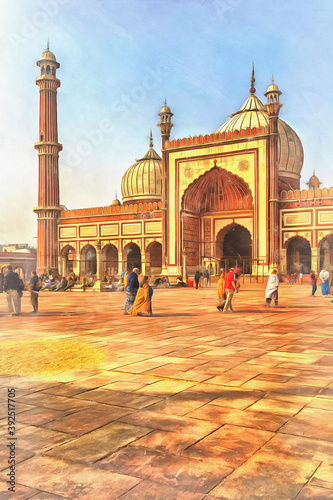 Jama Masjid mosque colorful painting, 1656, Delhi India.
