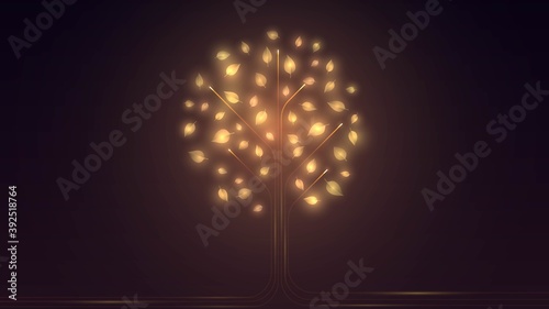 Illustration with a stylized magic tree with golden glowing leaves on a dark background