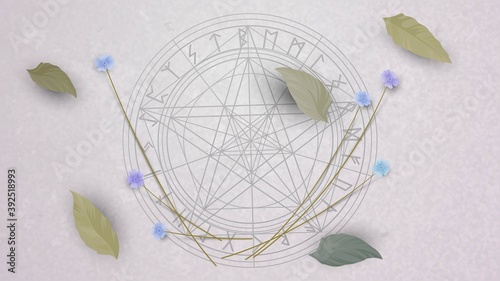 Vector illustration with pentagram and dried flowers and leaves. Witch symbol