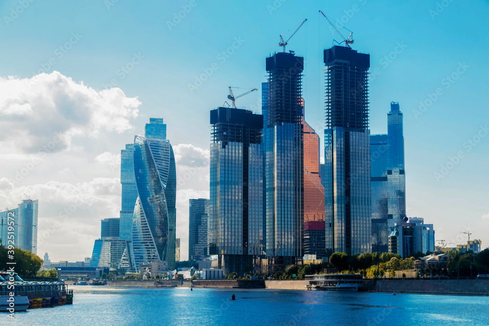 Moscow City - view facades of skyscraper buildings in Moscow Business Center.