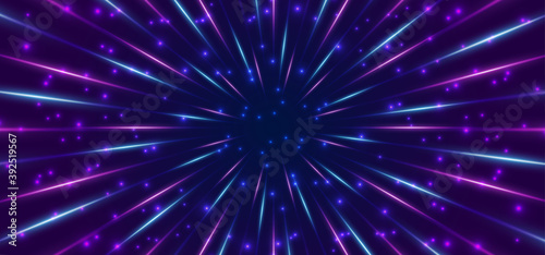 Abstract circular geometric background with blue and purple light. Starburst dynamic lines or rays. Sci-fi motion wallpaper with infinity and space speed motion