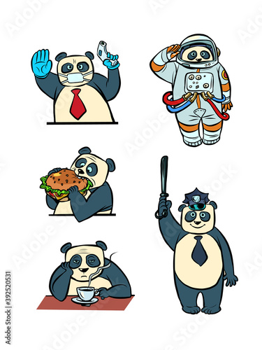 Panda different characters taikonaut police doctor businessman collection set character, cute animal