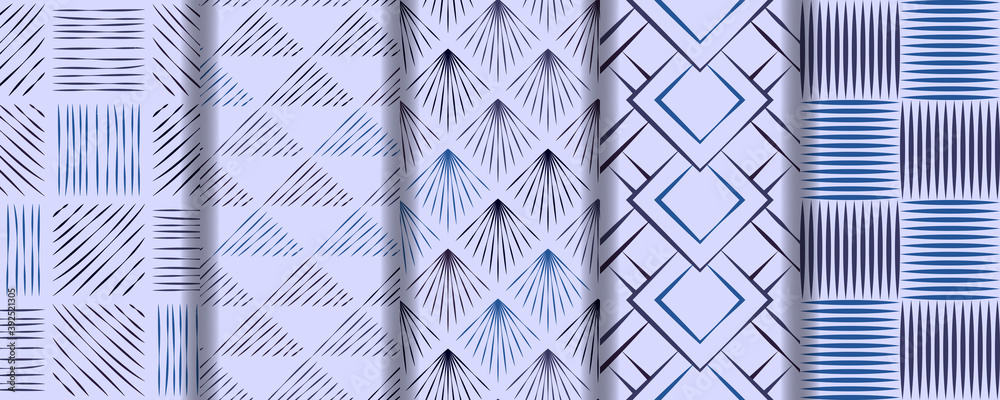 Set of Seamless patterns of hand drawn sketches hatching blue backgrounds. Repeating texture Wallpaper of lines. Geometric tiles folk decor. Template invitation and gift packaging.