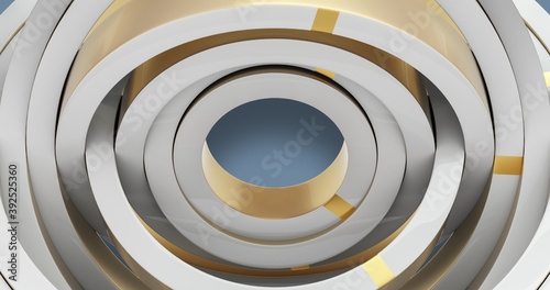 Minimalist abstract circle structure - gold and white colours. 3D render