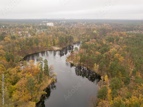 Aerial drone view. Small river in the mixed autumn forest. Foliage.