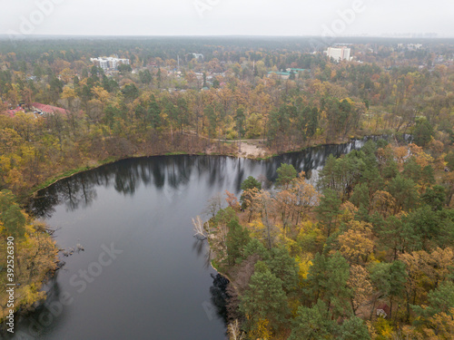 Fototapeta Naklejka Na Ścianę i Meble -  Aerial drone view. Small river in the mixed autumn forest. Foliage.