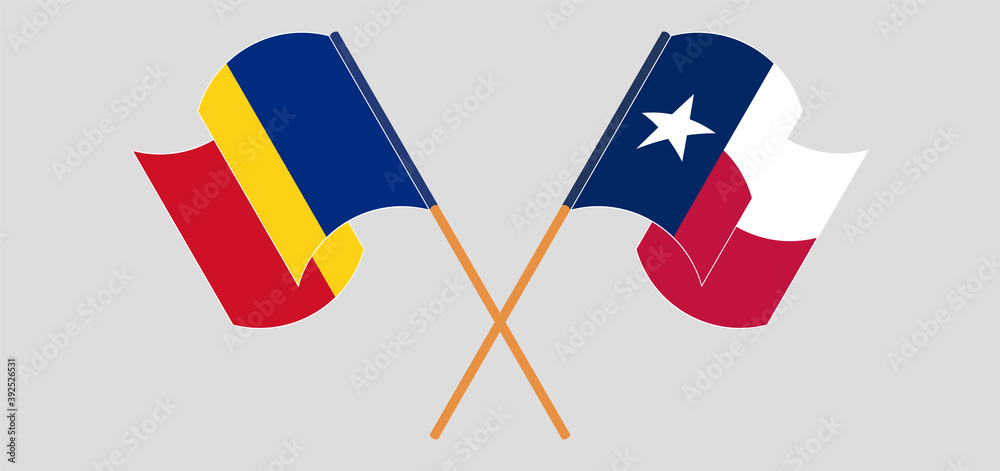 Crossed and waving flags of Romania and the State of Texas Crossed and waving flags of Romania and the State of Texas